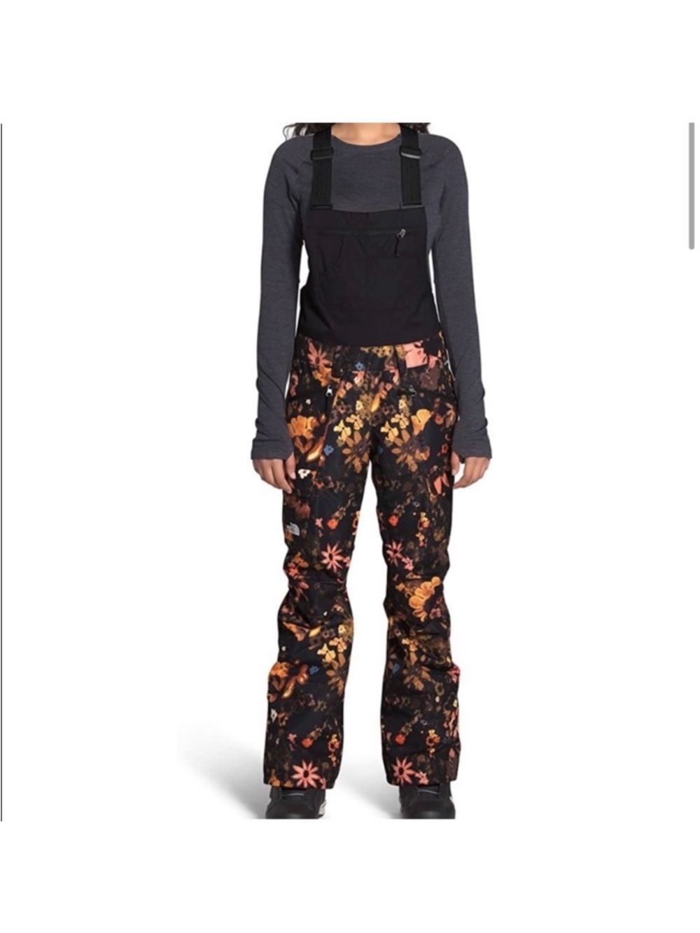 The North Face Black Floral Snow Bibs with Orange & Pink Accents